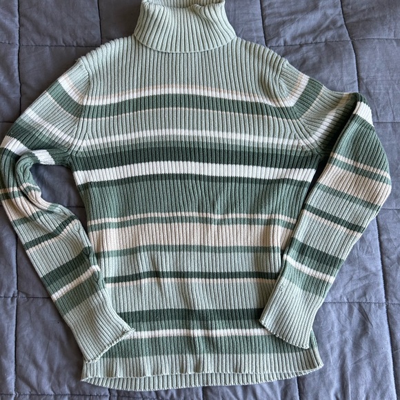 Sonoma Sweaters - Striped Green and Cream Turtleneck Sweater